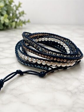 Pearl & Crystal Navy Wrap Bracelet